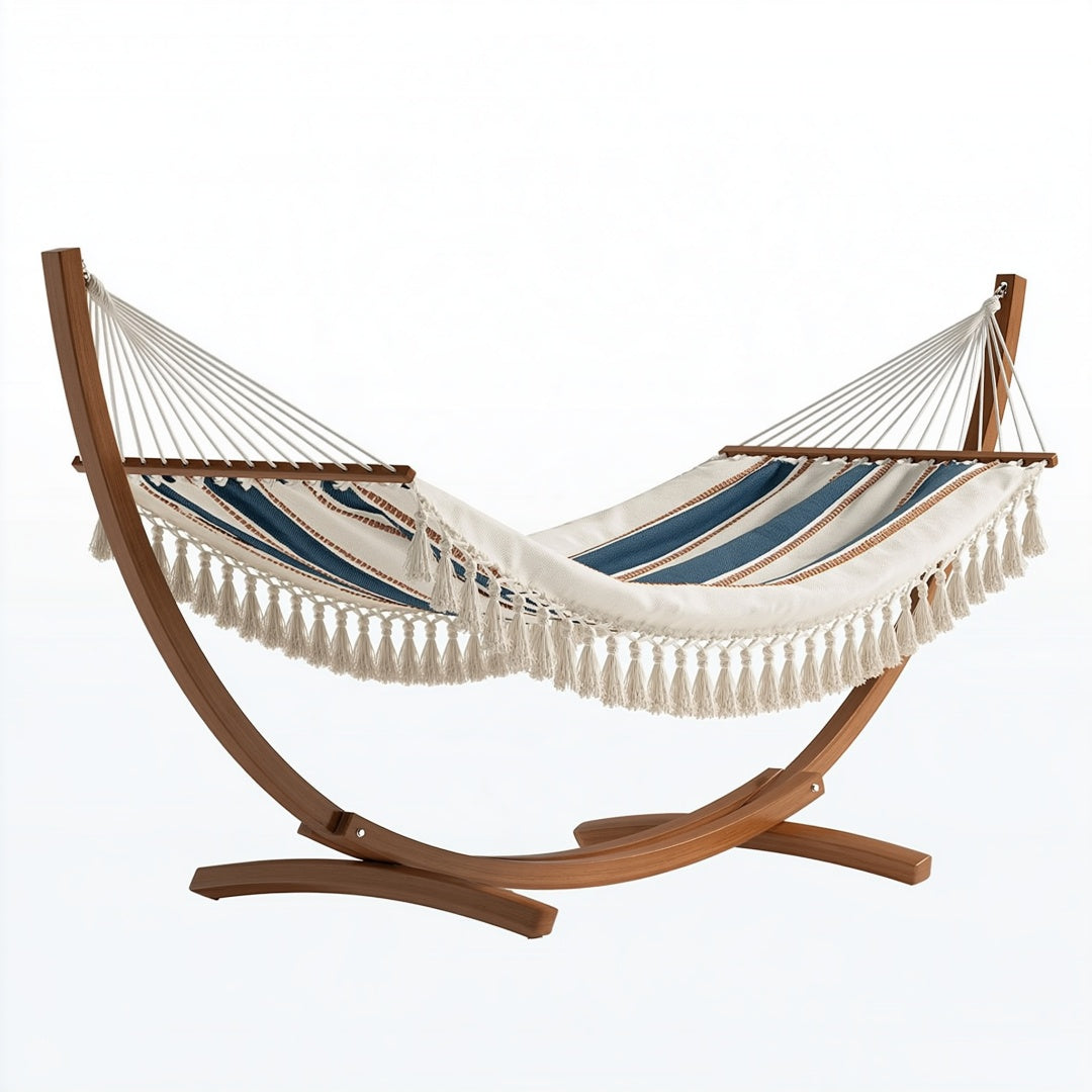 Amaca con supporto 300 x 100 x 110 cm in legno e tessuto bianco/blu per relax stile boho