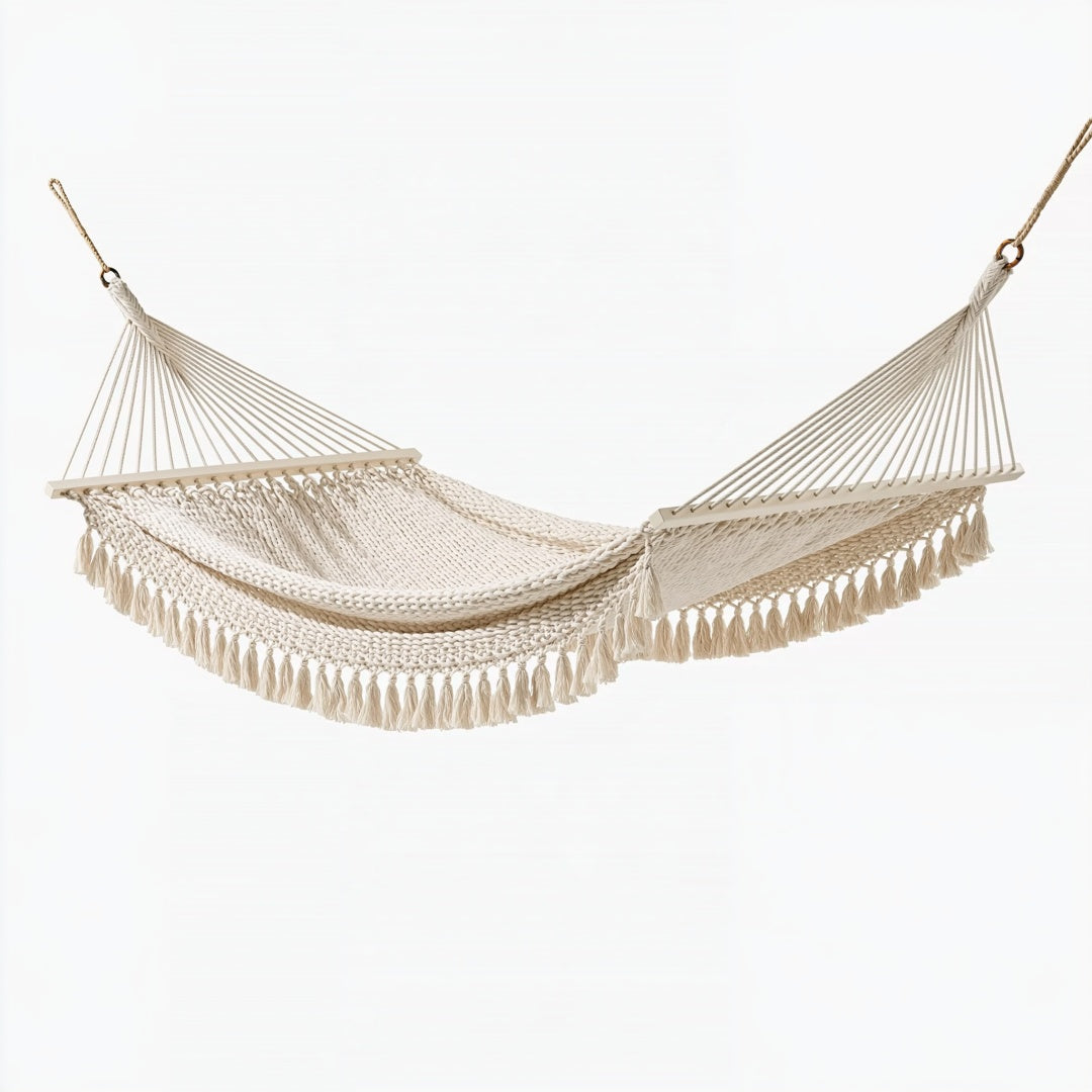 Amaca 300 x 100 cm in cotone avorio per giardino - stile boho con barre distanziatrici
