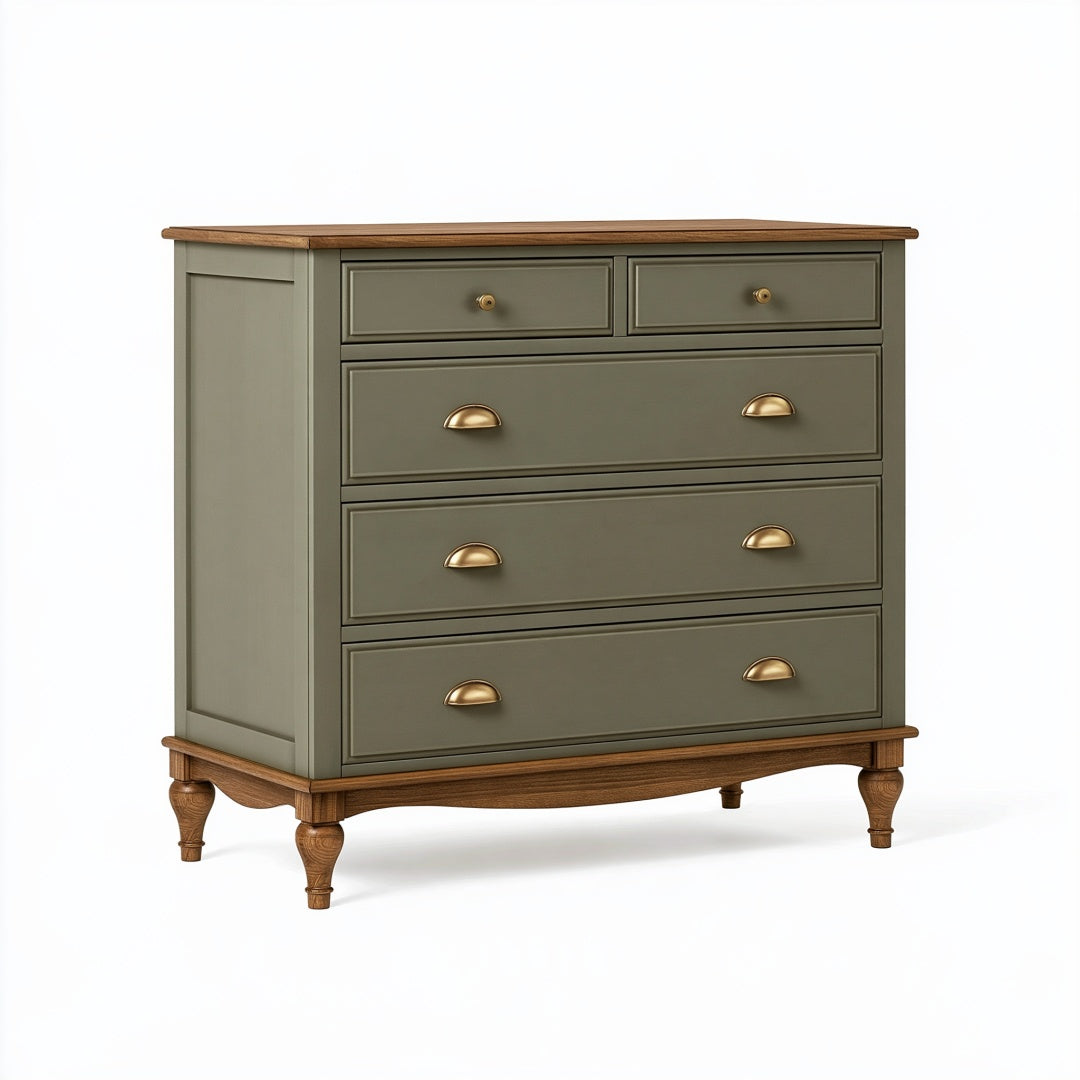 Cassettiera 120 x 45 x 95 cm in legno verde oliva e marrone - stile classico con 5 cassetti