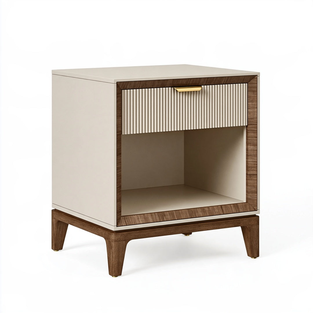 Comodino 50 x 40 x 60 cm in legno bianco e noce con cassetto e vano aperto