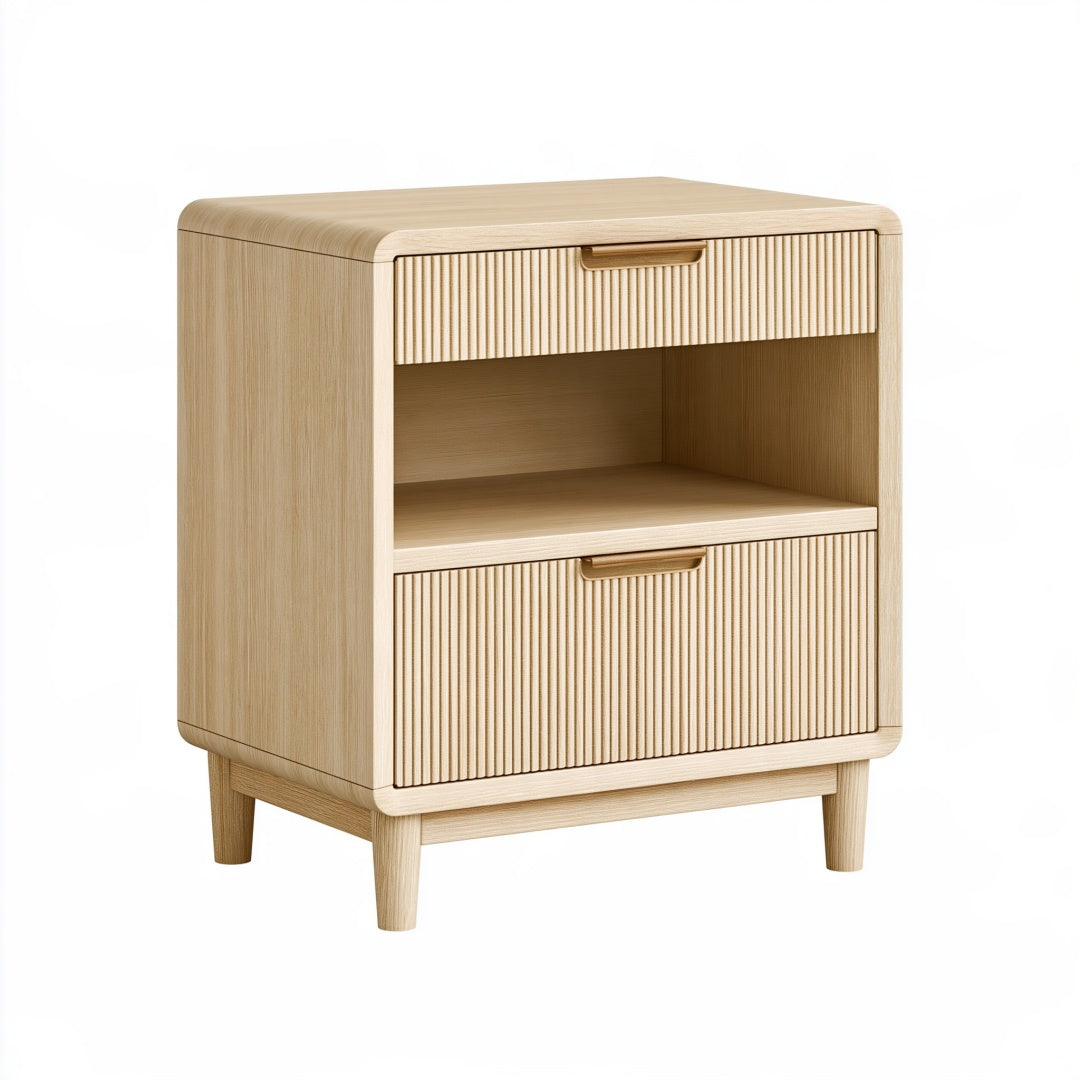 Comodino 45 x 40 x 60 cm in legno beige con 2 cassetti e vano a giorno stile moderno