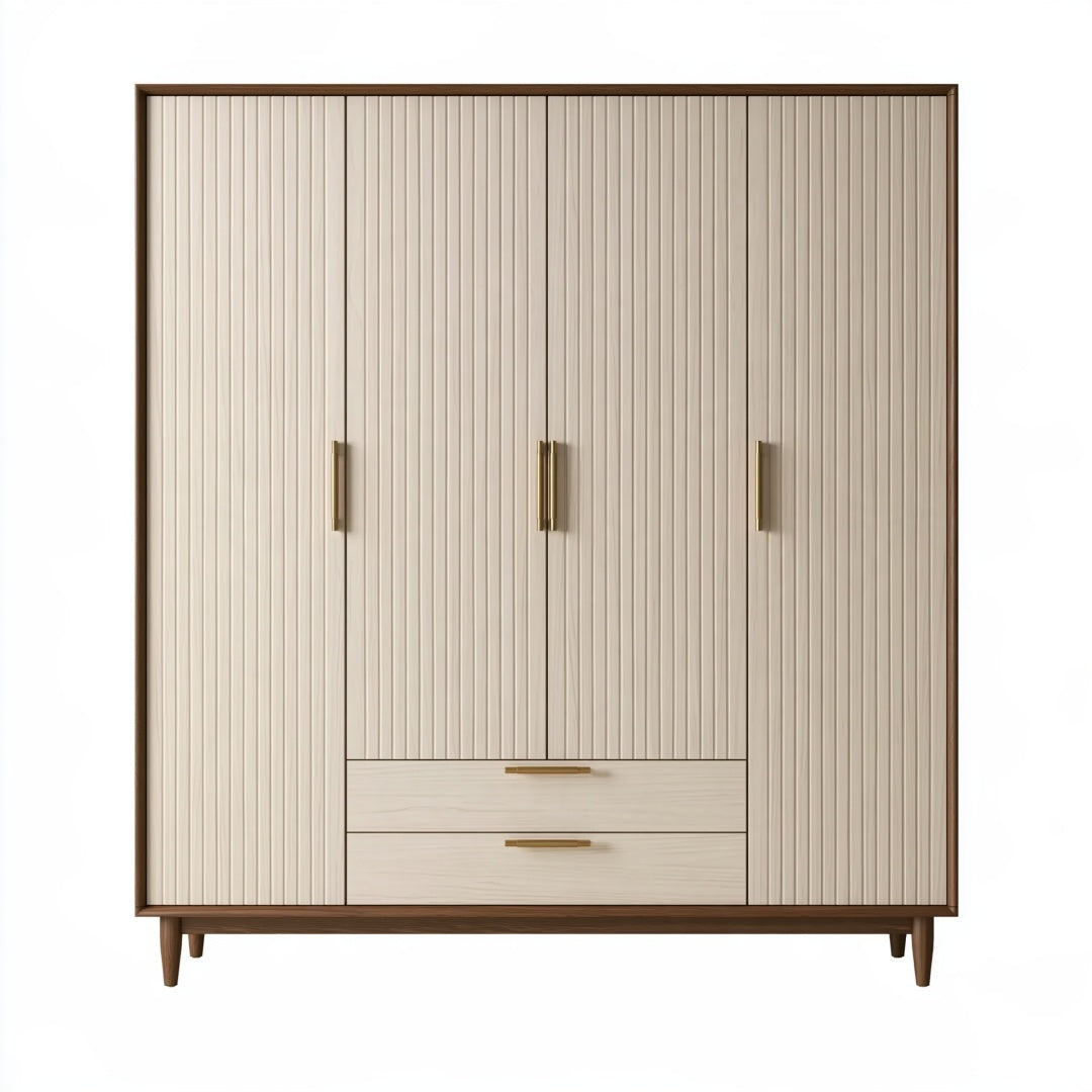 Armadio guardaroba 180 x 55 x 200 cm in legno beige e marrone con 4 ante e 2 cassetti stile moderno