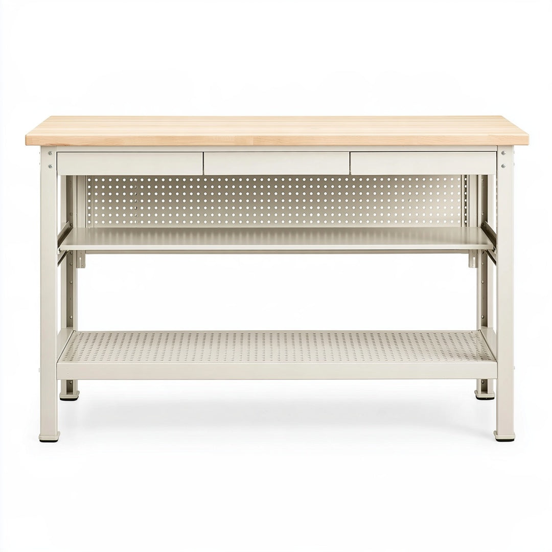 Banco da lavoro 120 x 60 x 90 cm in acciaio beige e legno naturale con cassetti e ripiani