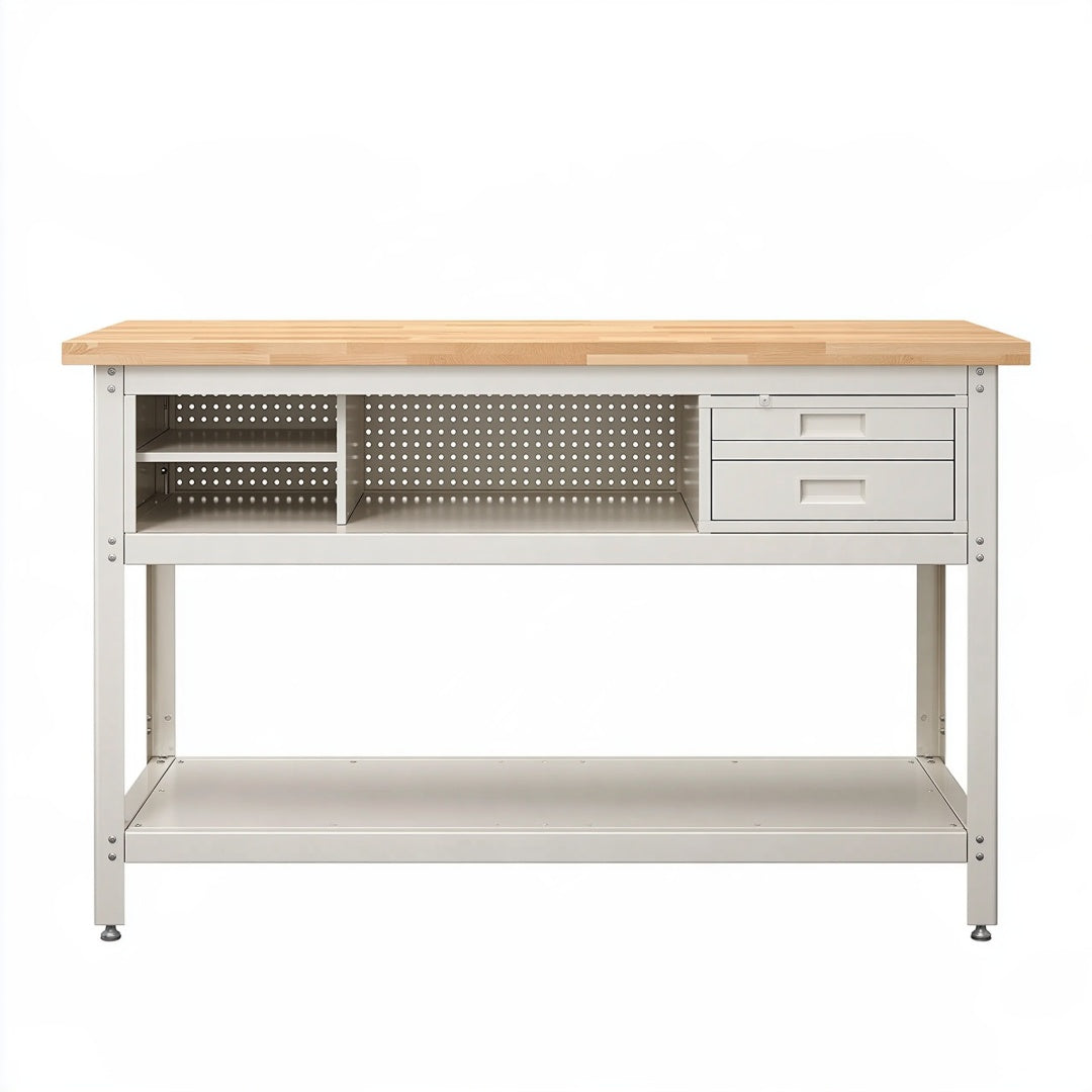 Banco da lavoro 152 x 62 x 91 cm in acciaio grigio e legno naturale con cassetti e ripiano