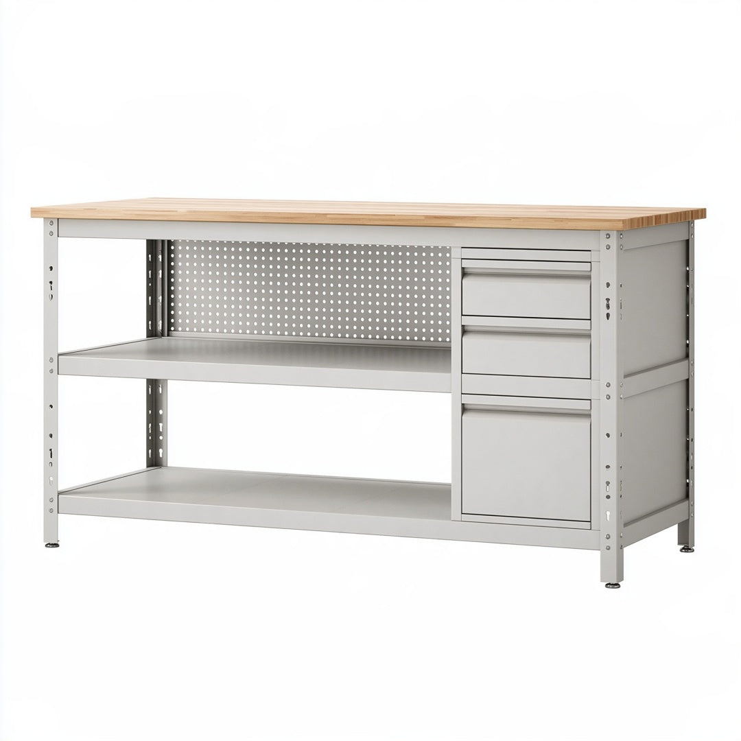 Banco da lavoro 120x60x90 cm in acciaio grigio e legno con cassetti e ripiani