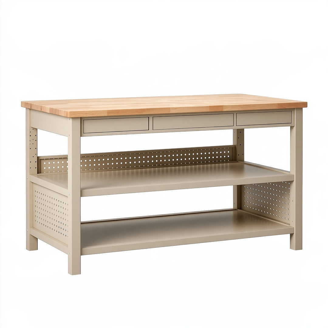 Tavolo da lavoro 140 x 70 x 90 cm in legno e metallo beige con ripiani e cassetti