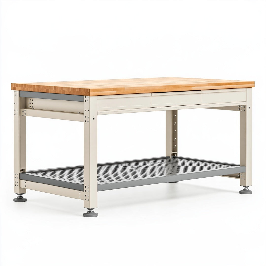 Banco da lavoro 150 x 75 x 90 cm in legno e metallo beige con cassetti e ripiano inferiore