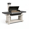 Barbecue da giardino 200 x 70 x 210 cm in pietra ricostruita e acciaio nero con camino e piani laterali