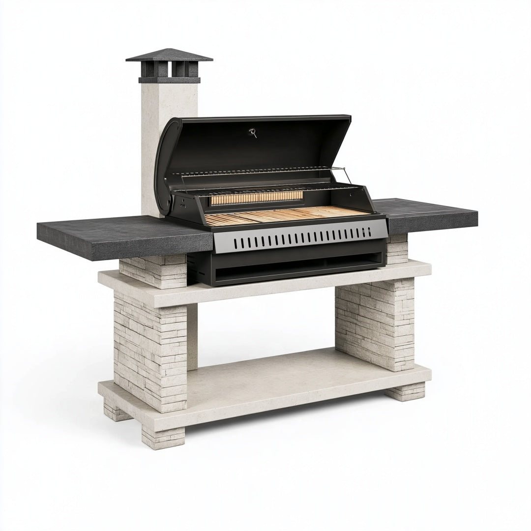 Barbecue da giardino 200 x 70 x 210 cm in pietra ricostruita e acciaio nero con camino e piani laterali