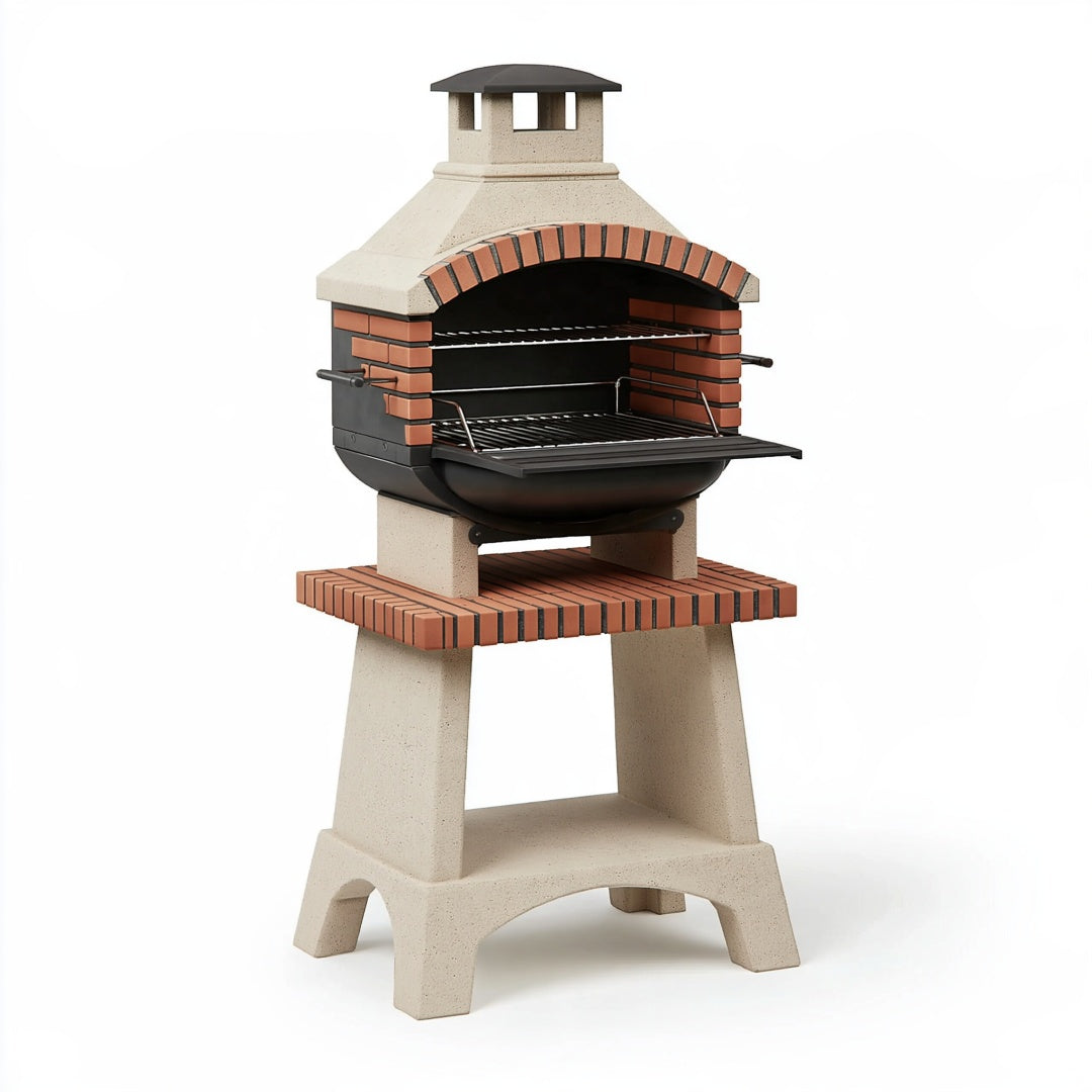 Barbecue da giardino 90 x 70 x 210 cm in cemento refrattario beige e mattoni rossi con griglie in acciaio
