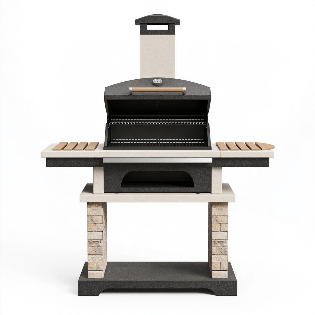 Barbecue da giardino 180 x 75 x 230 cm in pietra e acciaio nero beige con coperchio