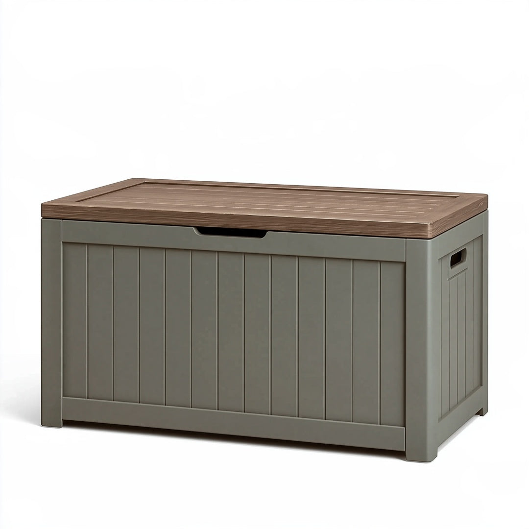 Cassapanca contenitore 80 x 45 x 50 cm in plastica grigio tortora con coperchio effetto legno