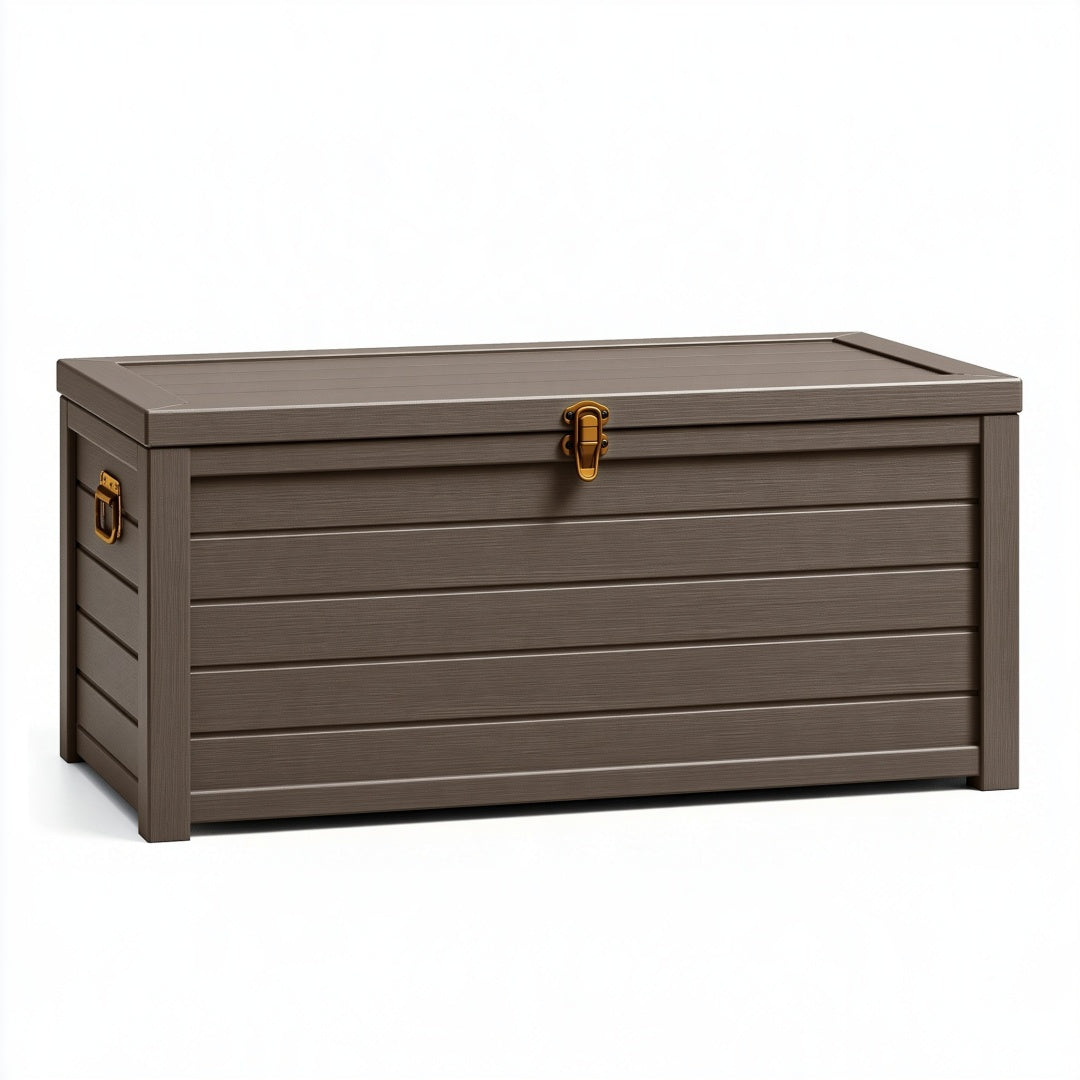 Cassapanca contenitore 120 x 55 x 60 cm in plastica marrone per esterno con coperchio e chiusura