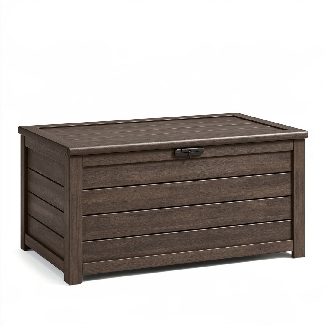 Cassapanca contenitore 120 x 55 x 60 cm in resina marrone effetto legno per esterno con coperchio