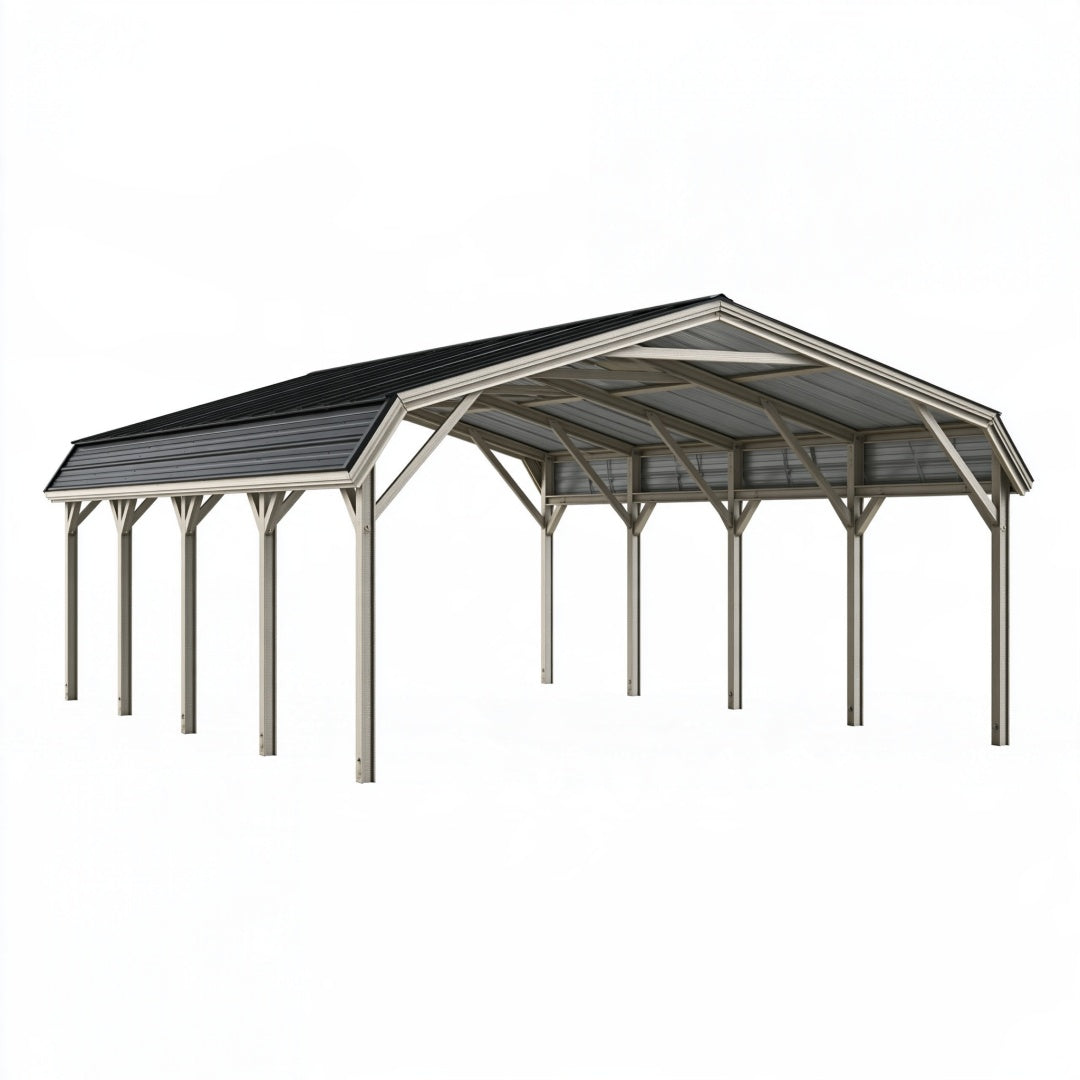 Tettoia autoportante 600 x 500 x 300 cm in metallo grigio con copertura scura per esterni