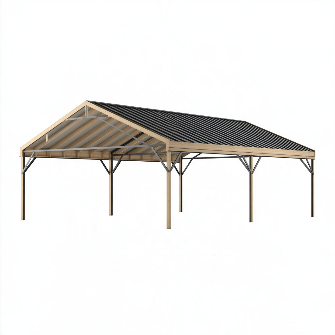 Tettoia per auto 600 x 300 cm in legno e metallo beige nero per esterni