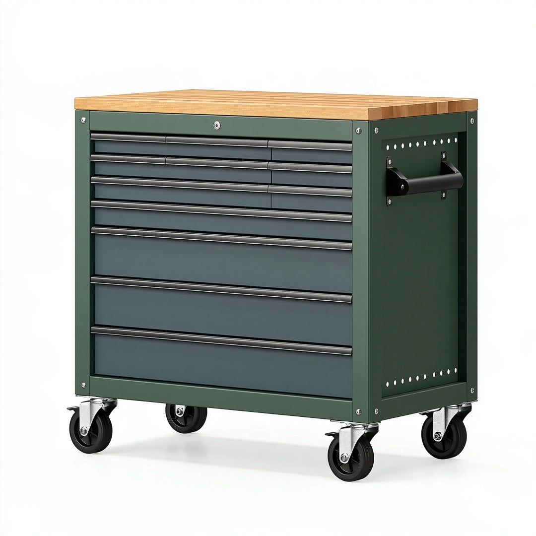 Mobile portautensili 80 x 45 x 95 cm in metallo verde con piano in legno e ruote