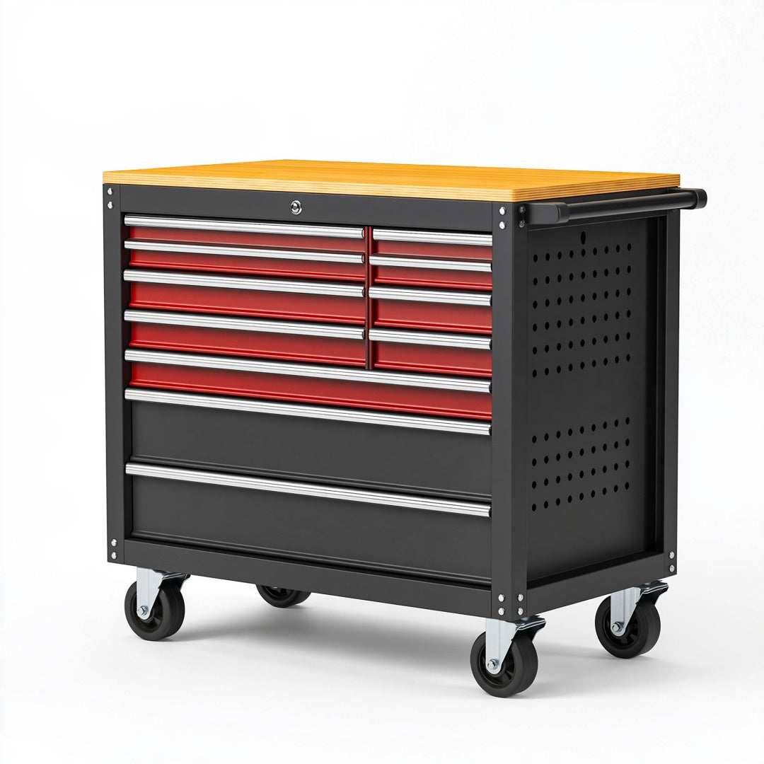 Cassettiera portautensili 100 x 50 x 95 cm in acciaio nero e rosso con piano effetto legno e ruote