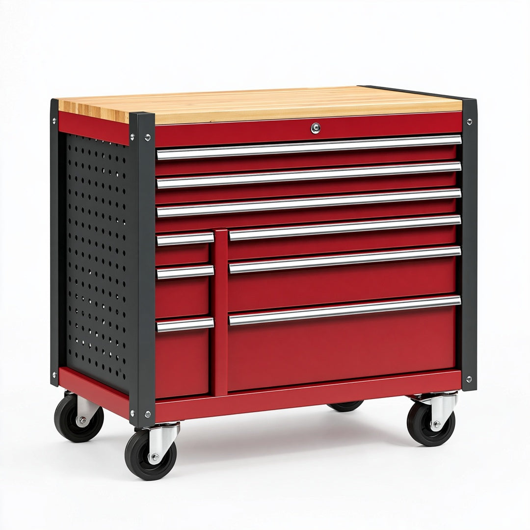 Carrello portautensili 76 x 46 x 95 cm in acciaio rosso e nero con piano in legno e 9 cassetti