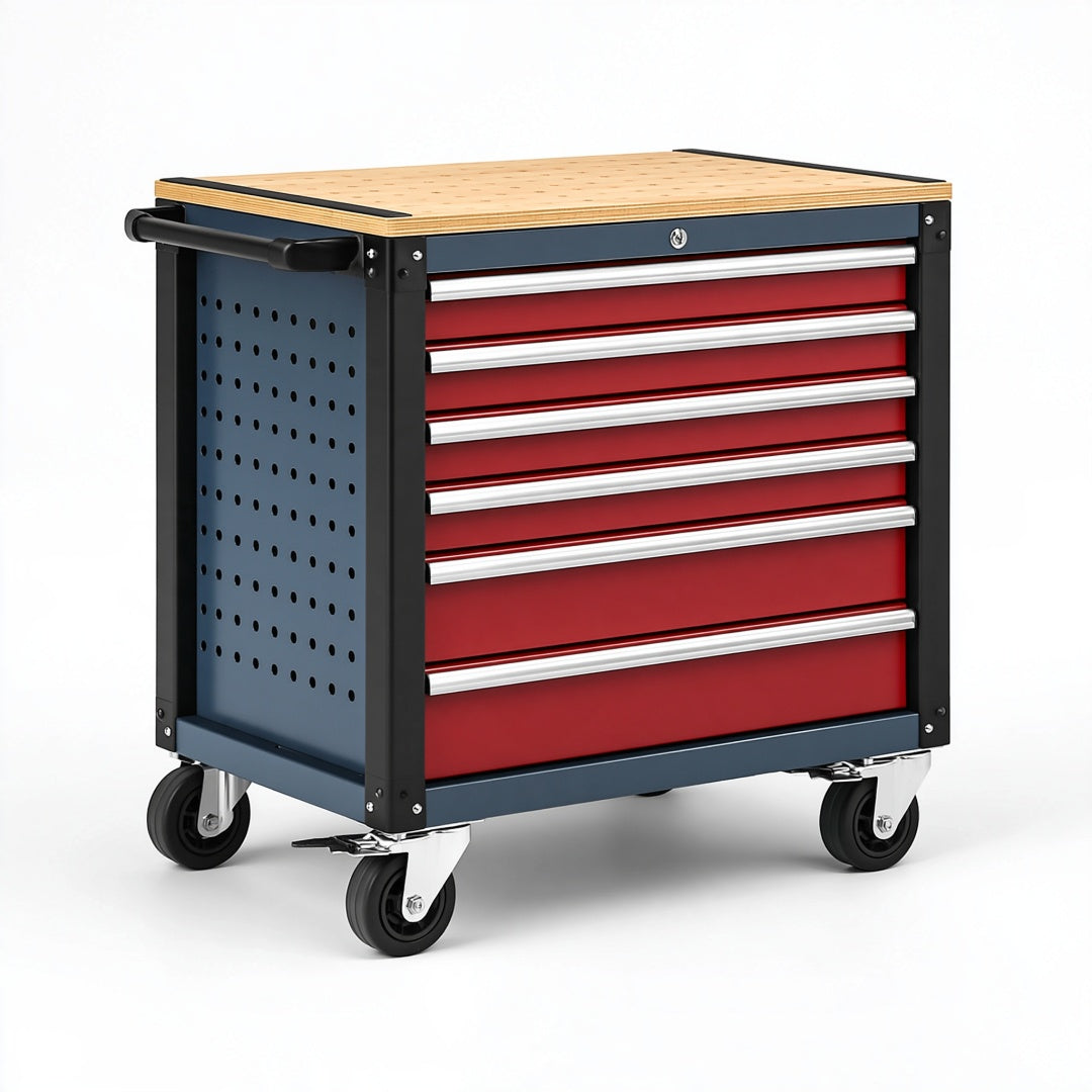 Carrello portautensili 77x46x97 cm in acciaio nero e rosso con piano in legno - 6 cassetti e ruote