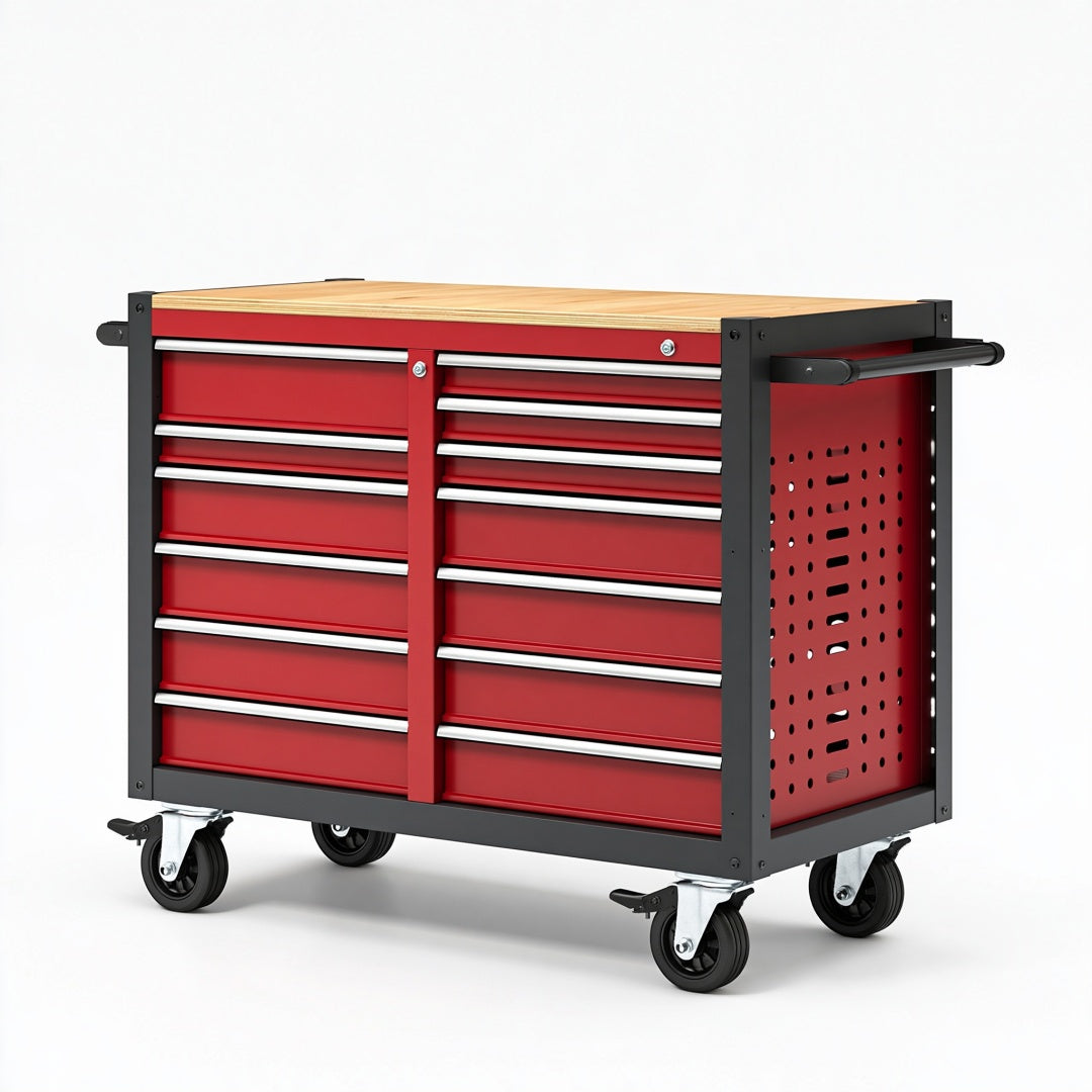Carrello portautensili 110 x 50 x 95 cm in acciaio rosso e nero con piano in legno e 10 cassetti