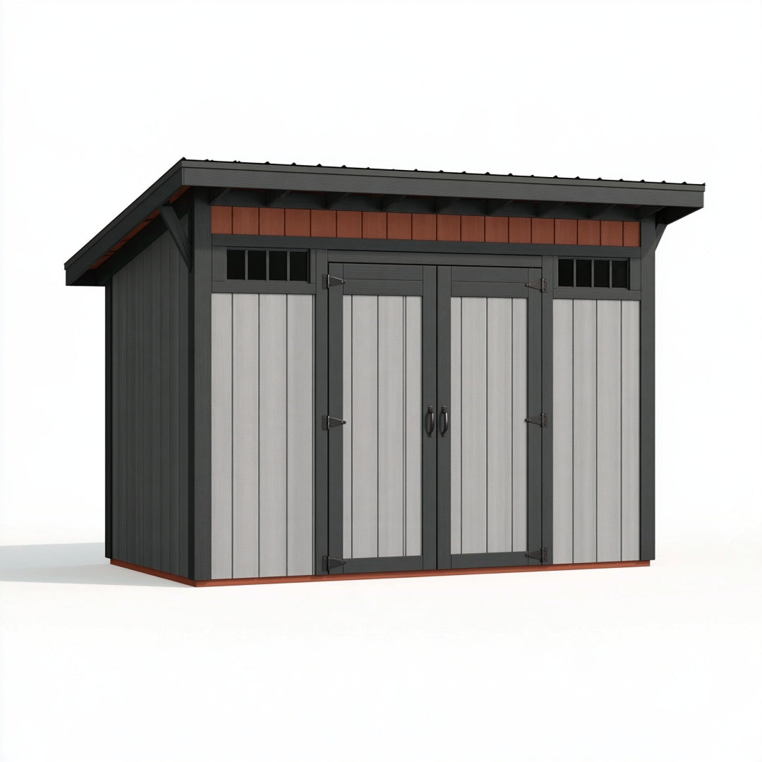 Casetta da giardino 240 x 180 x 220 cm in metallo grigio con doppia porta e tetto inclinato