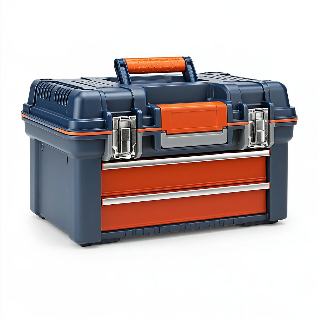 Cassetta portautensili 50 x 26 x 30 cm in plastica blu/arancione con cassetti e maniglia
